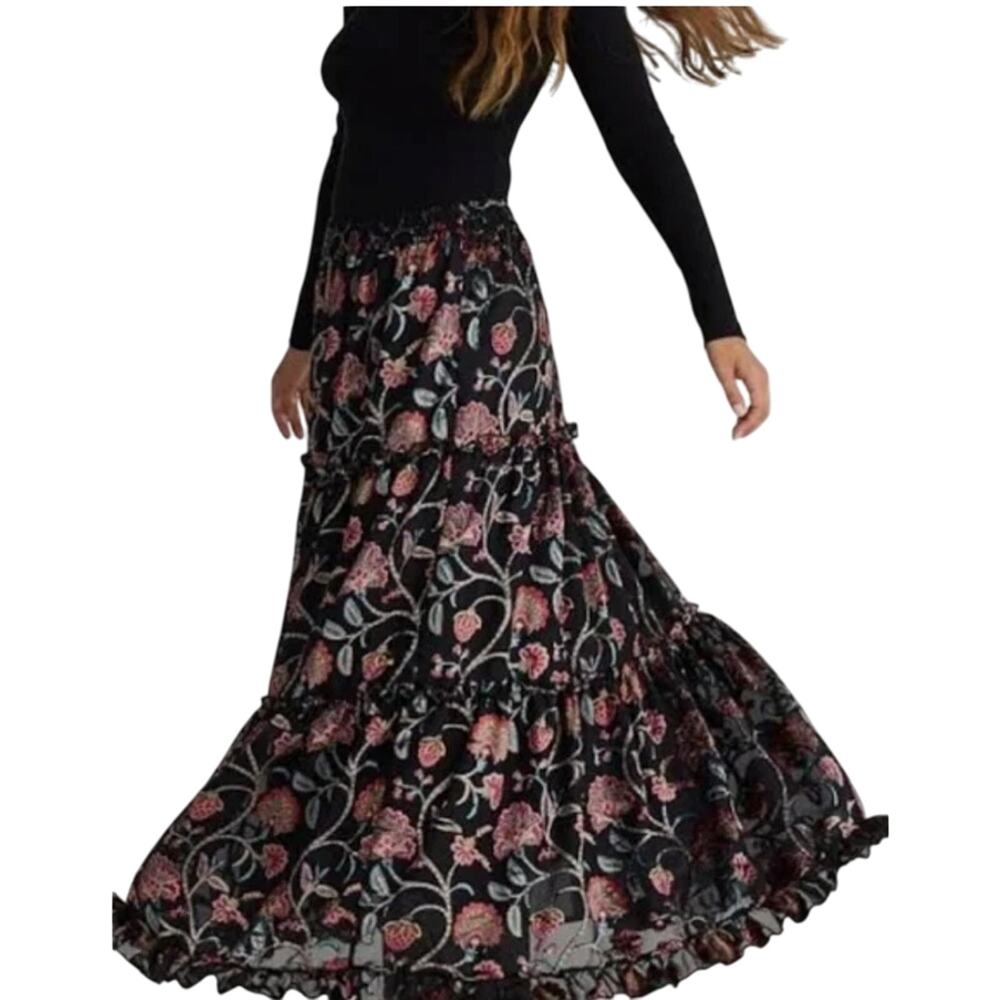 Talisman $179 Mantra Floral Velvet High Rise Tiered A-Line Maxi Boho Skirt XS